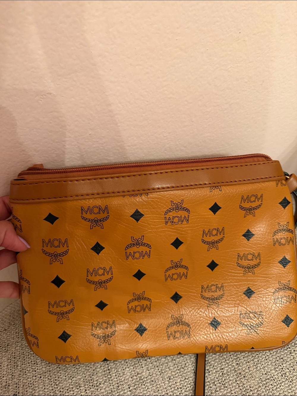 Fashionomics Cognac Tan Logo Zip Wristlet Clutch